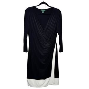 LAUREN RALPH LAUREN / black white long sleeve career wrap dress / 14